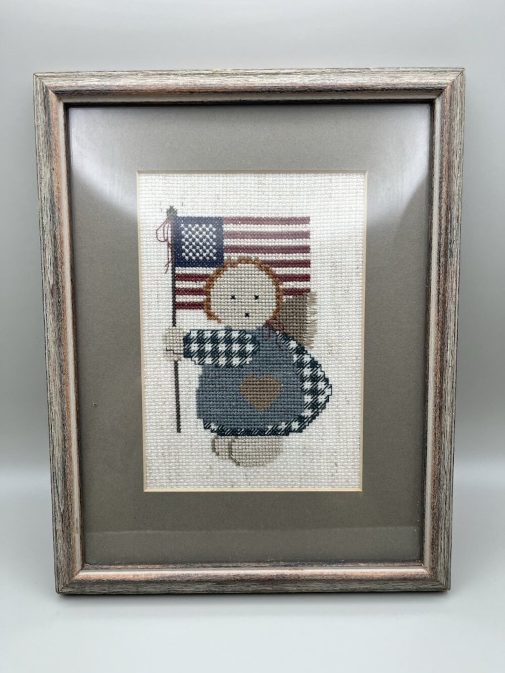VTG 80s Patriotic Cross Stitch Girl US Flag Framed Cottage Farmhouse Americana